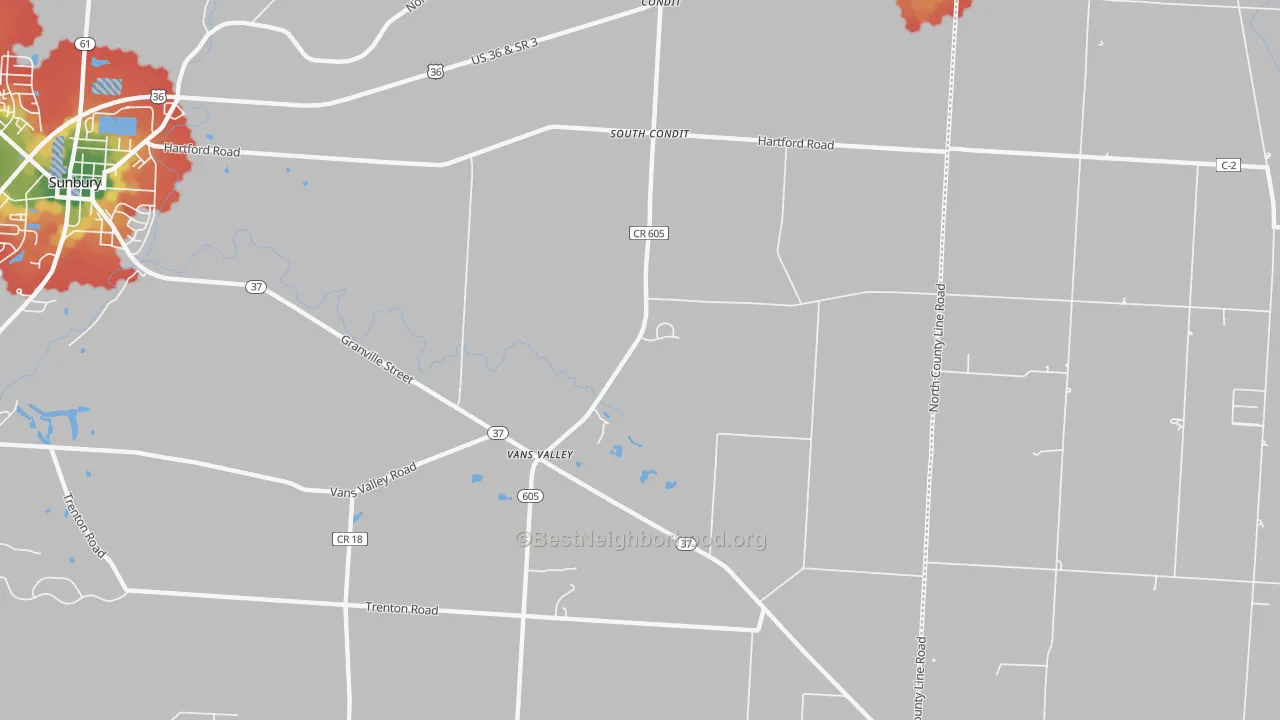 Walk Grade map of South Condit, OH, walkable areas in green and car-dependent areas in red