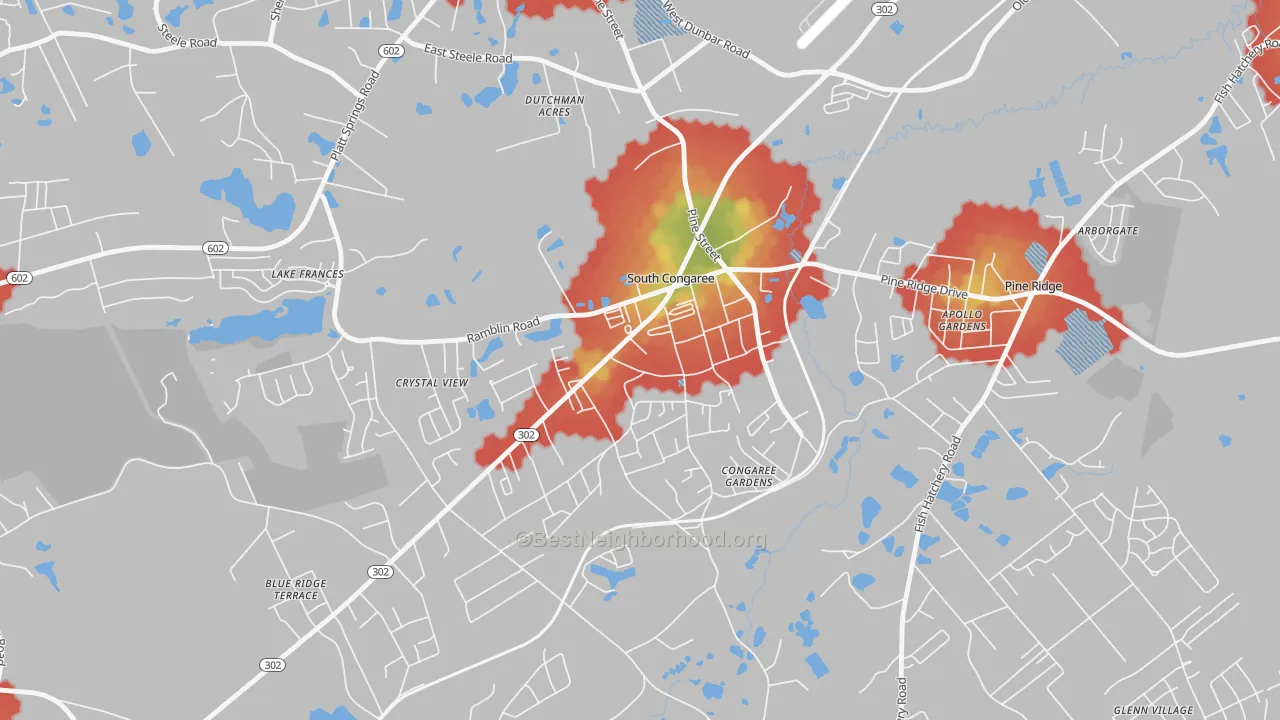 Walk Grade map of South Congaree, SC, walkable areas in green and car-dependent areas in red