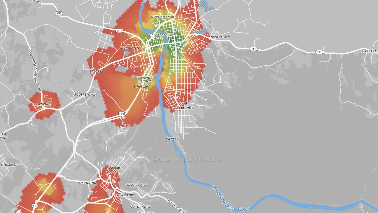 Walk Grade map of South Connellsville, PA, walkable areas in green and car-dependent areas in red