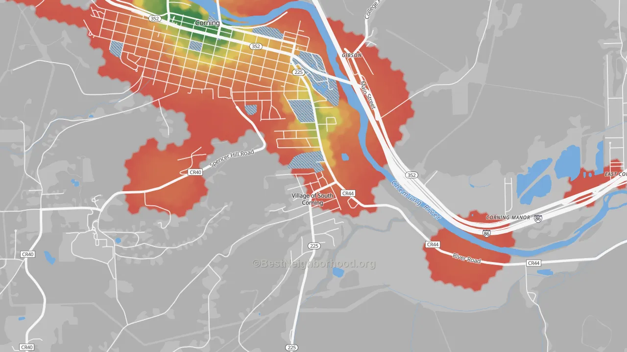 Walk Grade map of South Corning, NY, walkable areas in green and car-dependent areas in red