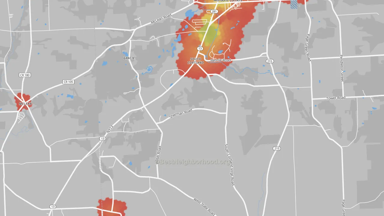 Walk Grade map of South Cortland, NY, walkable areas in green and car-dependent areas in red
