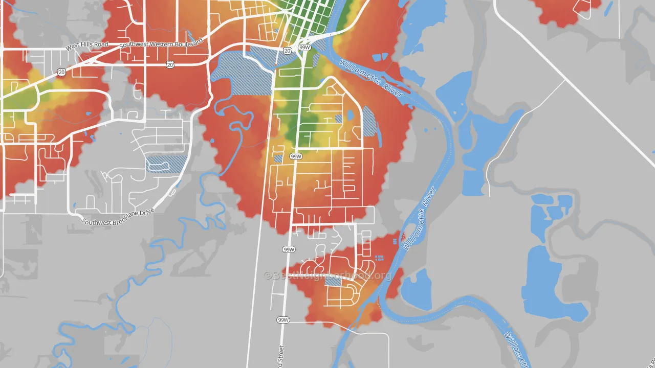 Walk Grade map of South Corvallis Neighbors, Corvallis, OR, walkable areas in green and car-dependent areas in red