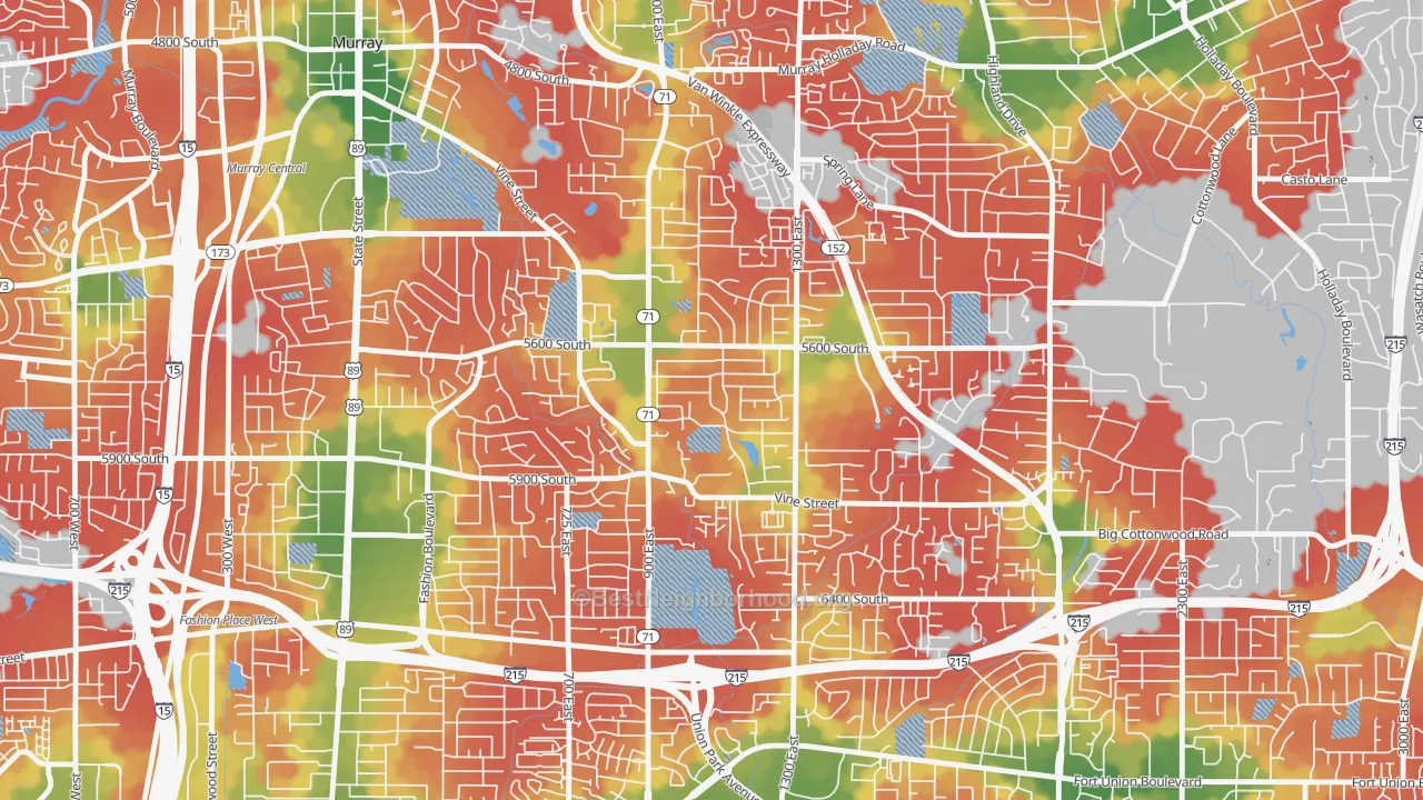 Walk Grade map of South Cottonwood Acres, Murray, UT, walkable areas in green and car-dependent areas in red