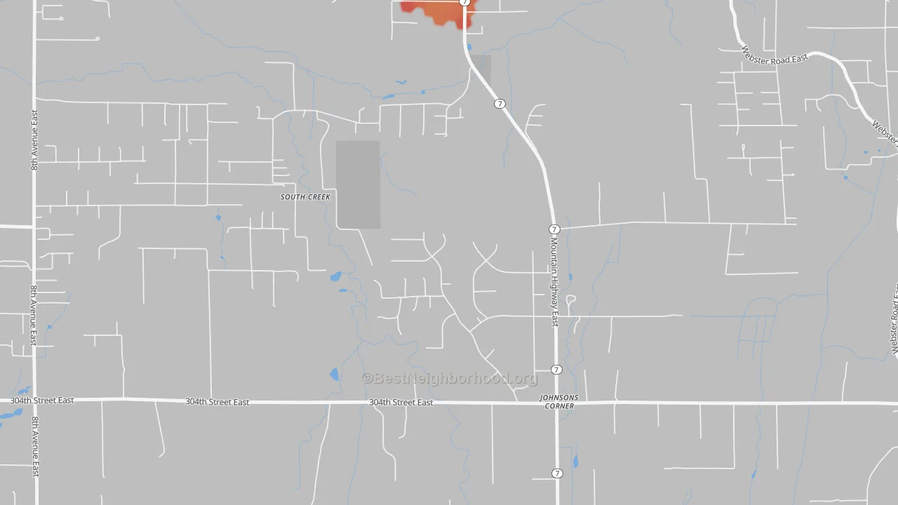 Walk Grade map of South Creek, WA, walkable areas in green and car-dependent areas in red