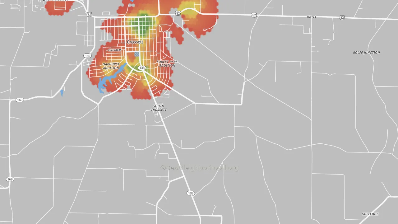 Walk Grade map of South Crossett, AR, walkable areas in green and car-dependent areas in red