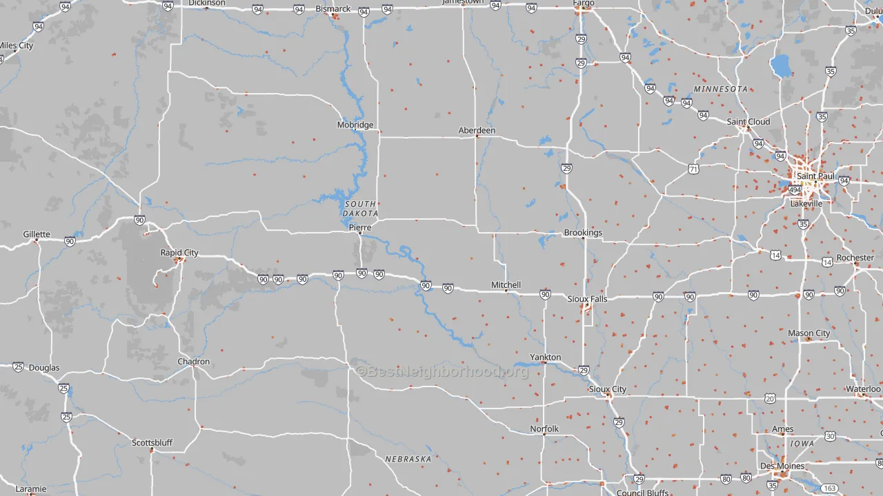Walk Grade map of South Dakota, walkable areas in green and car-dependent areas in red