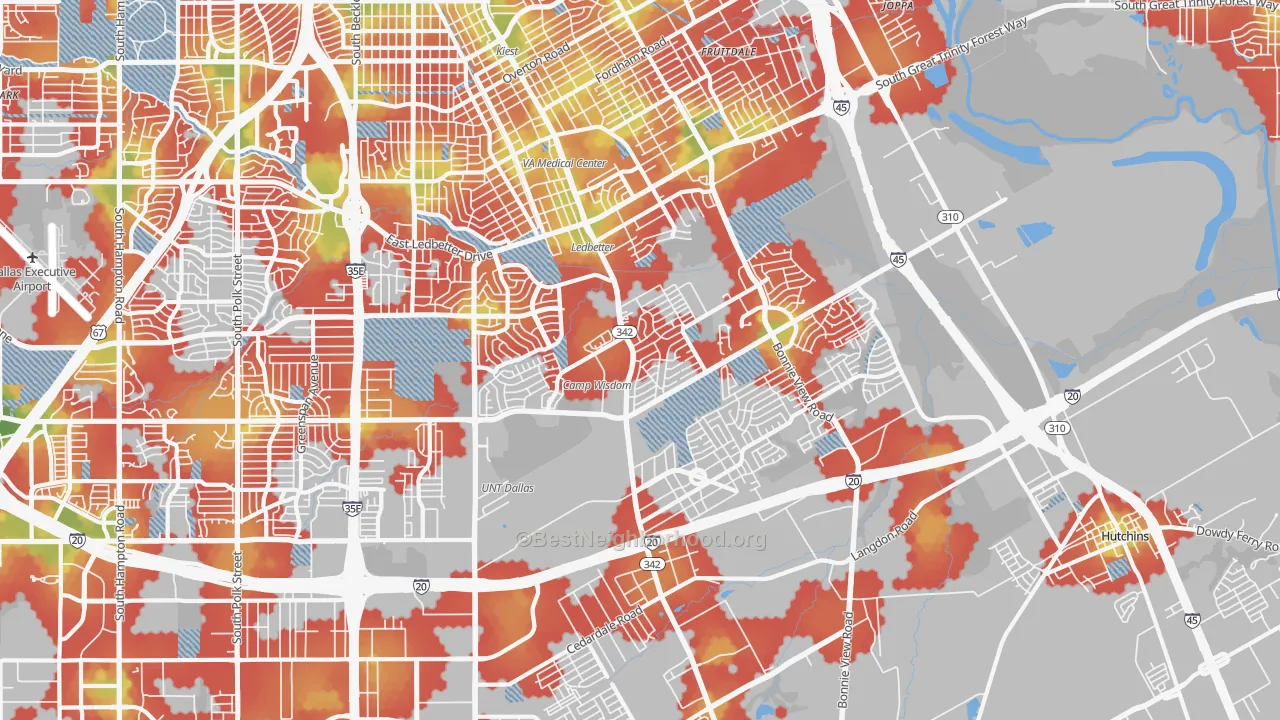 Walk Grade map of South Dallas Fair Park, Dallas, TX, walkable areas in green and car-dependent areas in red