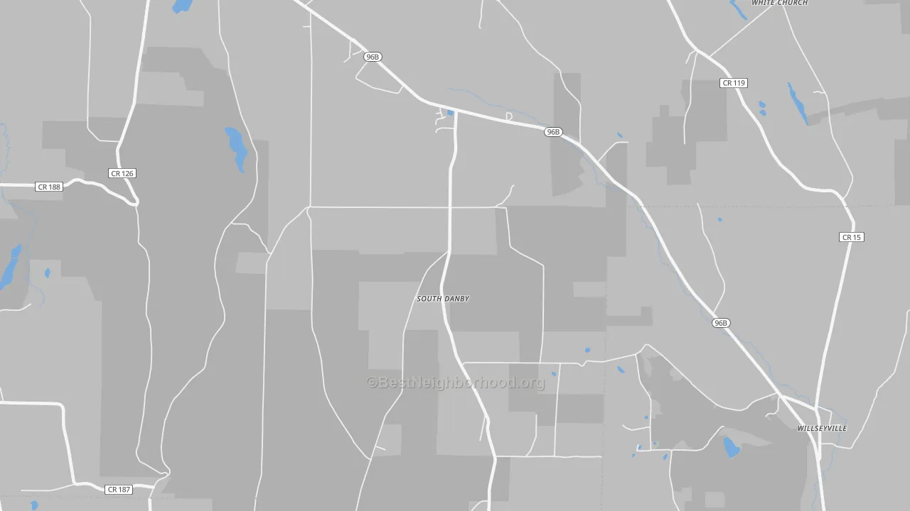 Walk Grade map of South Danby, NY, walkable areas in green and car-dependent areas in red