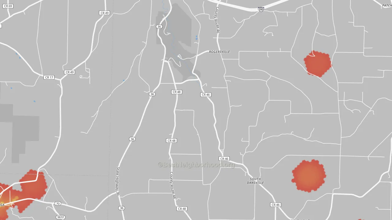 Walk Grade map of South Dansville, NY, walkable areas in green and car-dependent areas in red