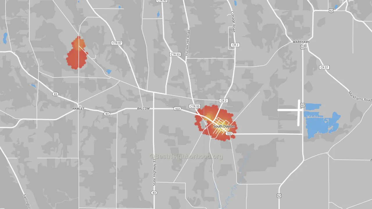 Walk Grade map of South Dayton, NY, walkable areas in green and car-dependent areas in red