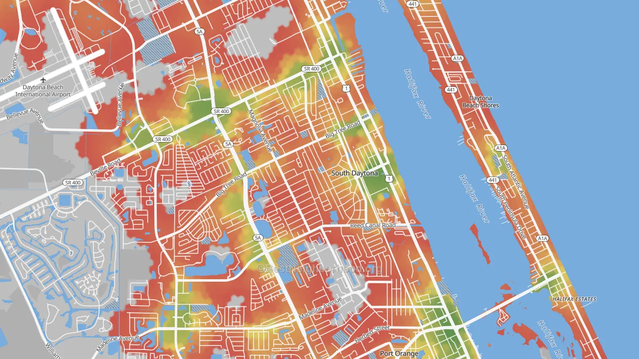 Walk Grade map of South Daytona, FL, walkable areas in green and car-dependent areas in red