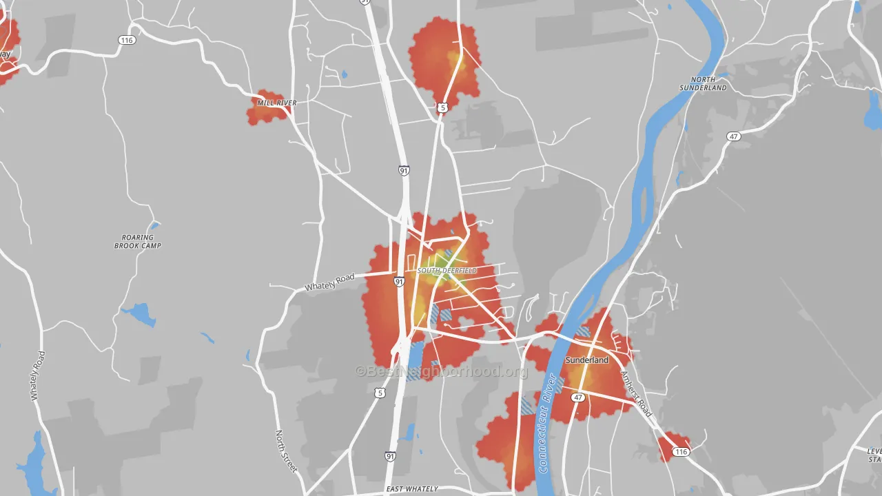 Walk Grade map of South Deerfield, MA, walkable areas in green and car-dependent areas in red