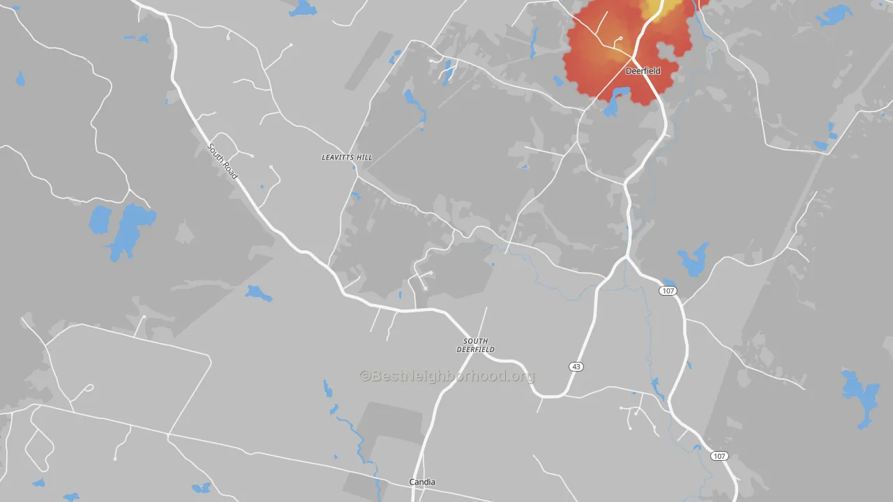 Walk Grade map of South Deerfield, NH, walkable areas in green and car-dependent areas in red