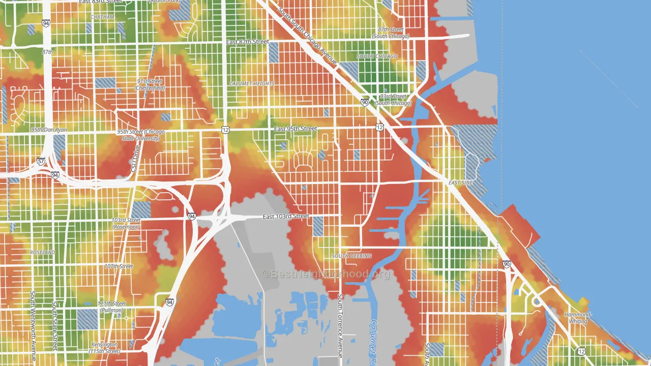 Walk Grade map of South Deering, Chicago, IL, walkable areas in green and car-dependent areas in red