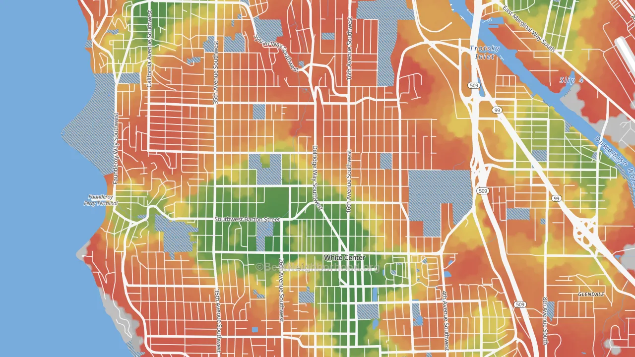 Walk Grade map of South Delridge, Seattle, WA, walkable areas in green and car-dependent areas in red