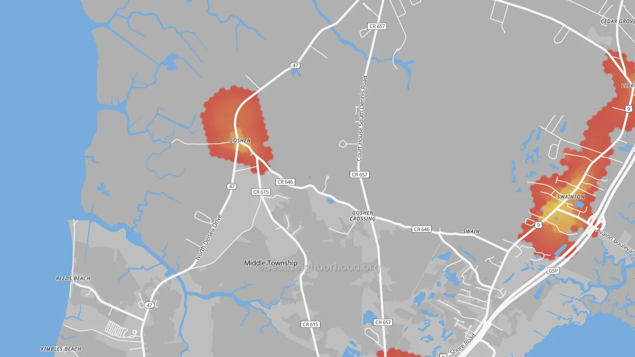 Walk Grade map of South Dennis, NJ, walkable areas in green and car-dependent areas in red