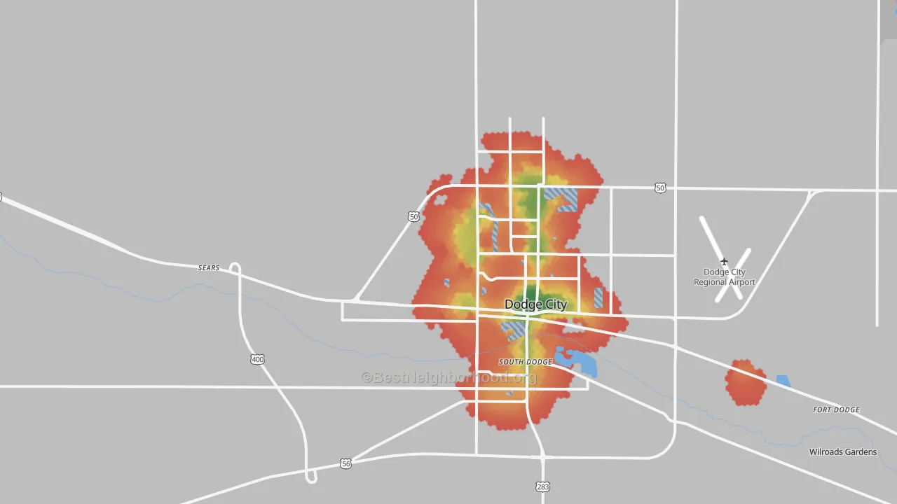 Walk Grade map of South Dodge, KS, walkable areas in green and car-dependent areas in red