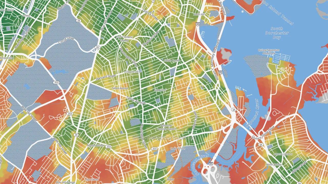 Walk Grade map of South Dorchester, Boston, MA, walkable areas in green and car-dependent areas in red