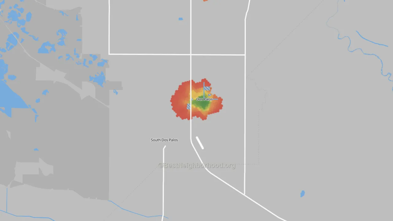 Walk Grade map of South Dos Palos, CA, walkable areas in green and car-dependent areas in red