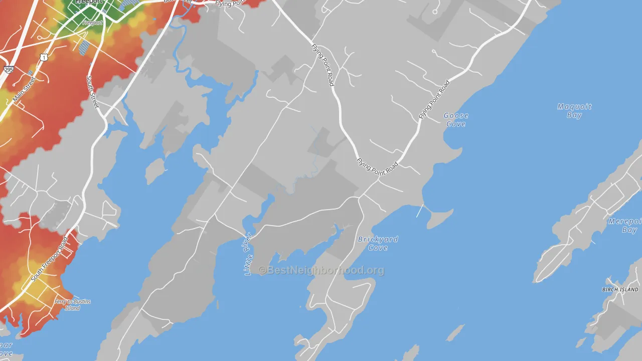 Walk Grade map of South Durham, ME, walkable areas in green and car-dependent areas in red