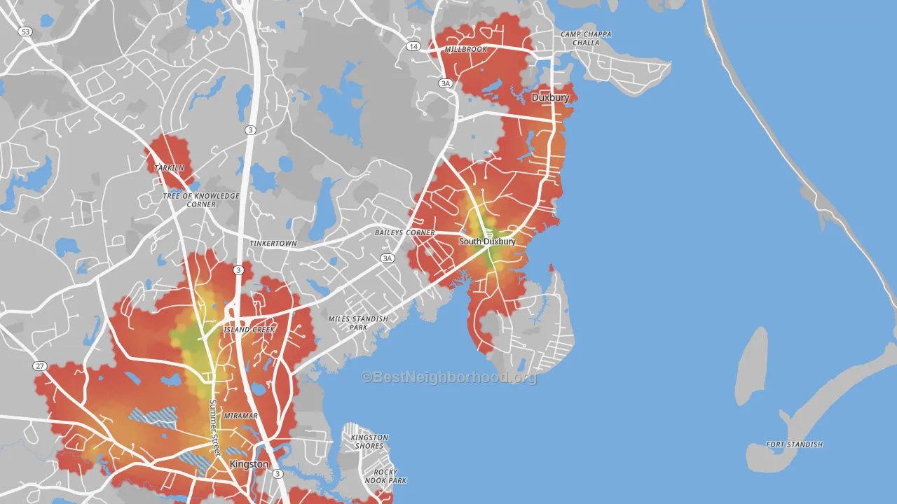 Walk Grade map of South Duxbury, Duxbury, MA, walkable areas in green and car-dependent areas in red