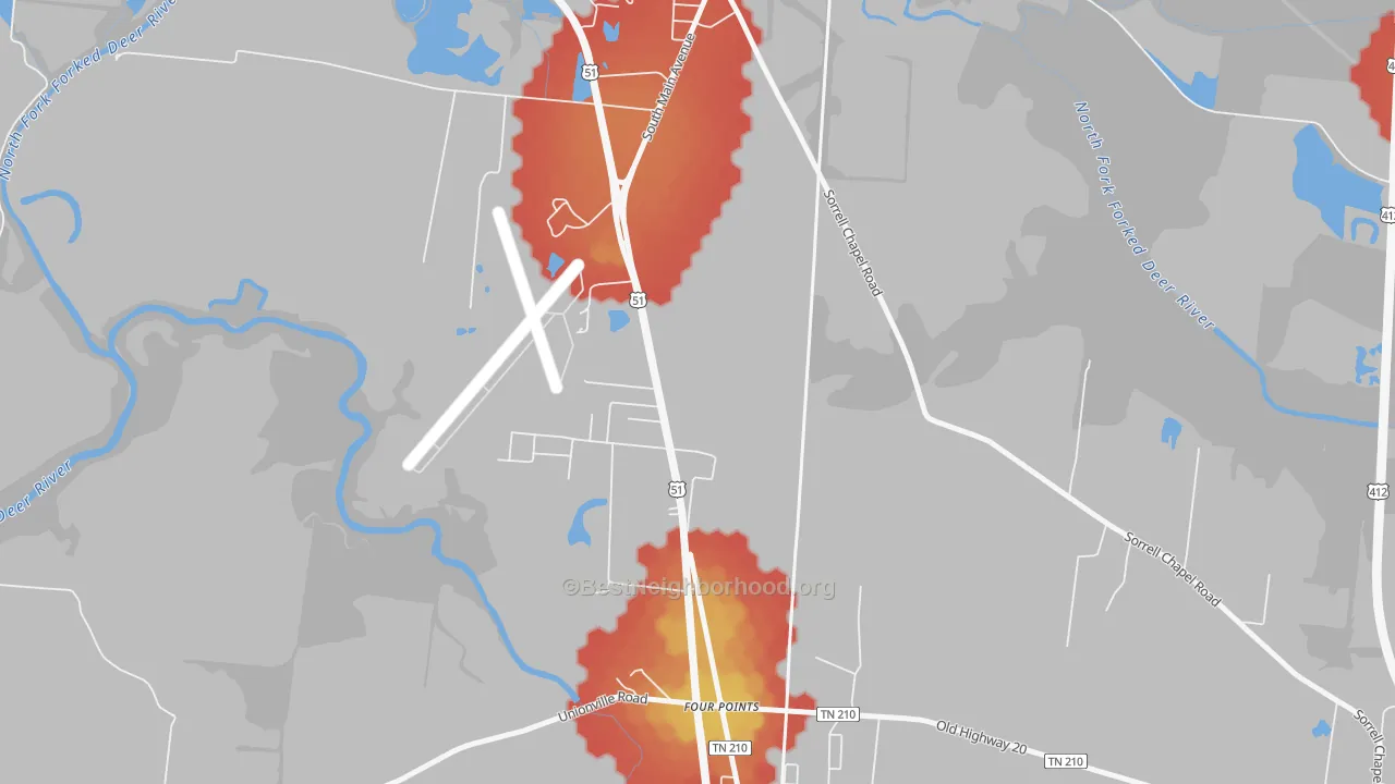 Walk Grade map of South Dyersburg, TN, walkable areas in green and car-dependent areas in red