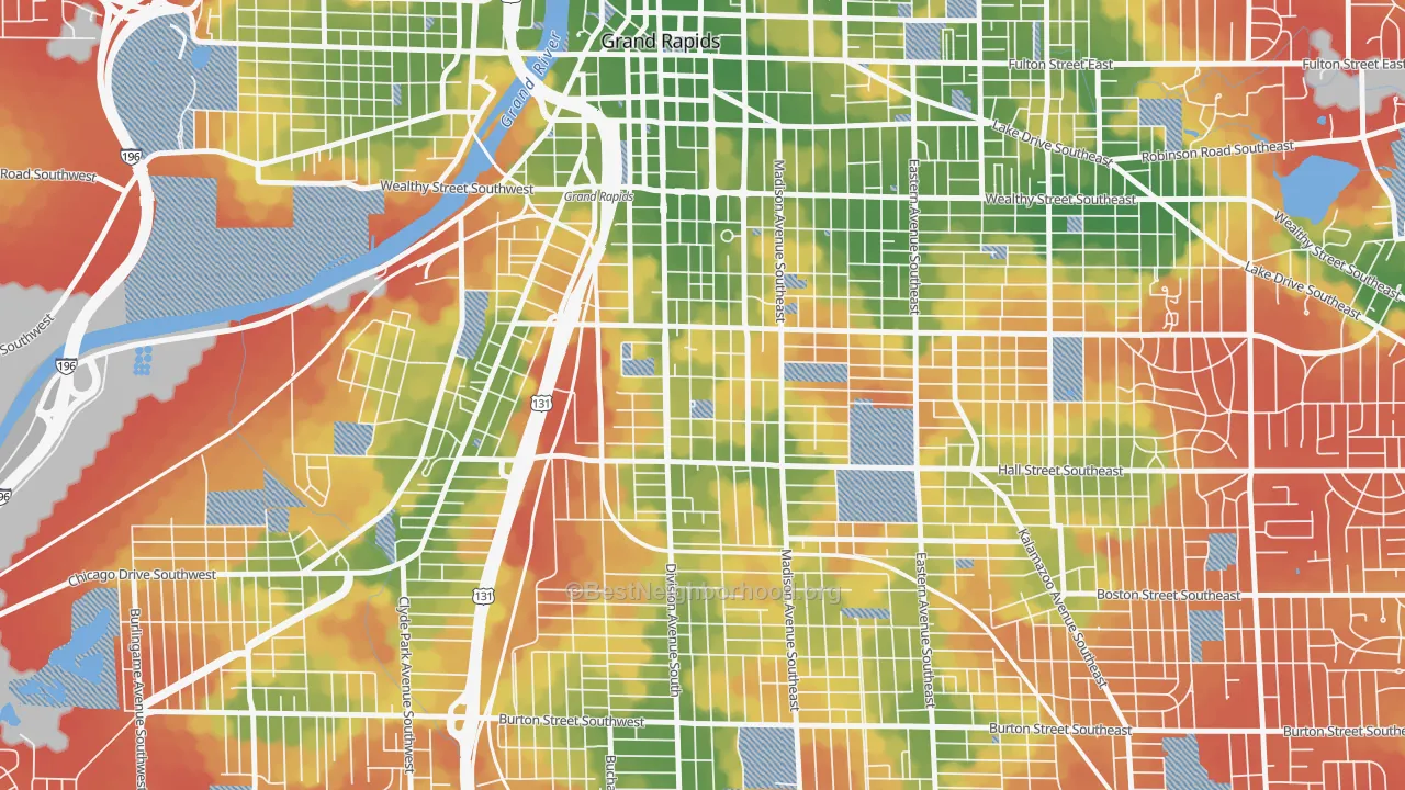 Walk Grade map of South East Community, Grand Rapids, MI, walkable areas in green and car-dependent areas in red