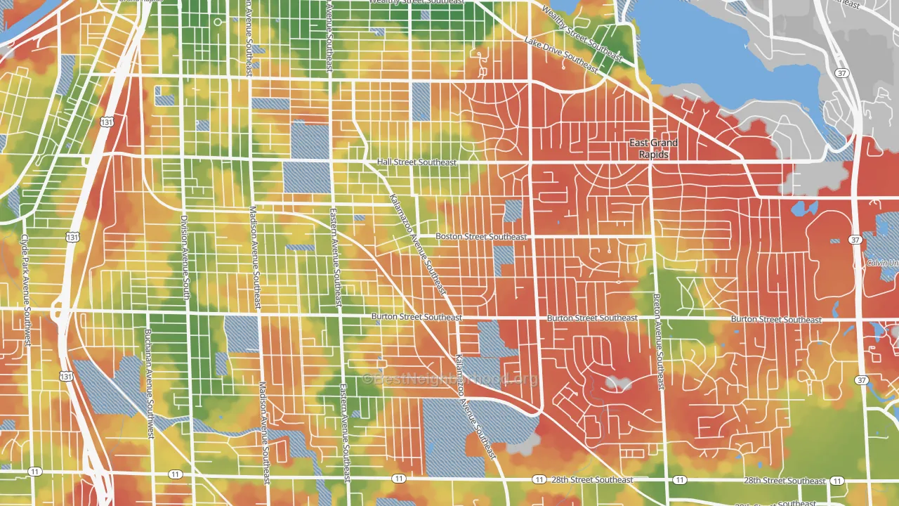 Walk Grade map of South East End, Grand Rapids, MI, walkable areas in green and car-dependent areas in red