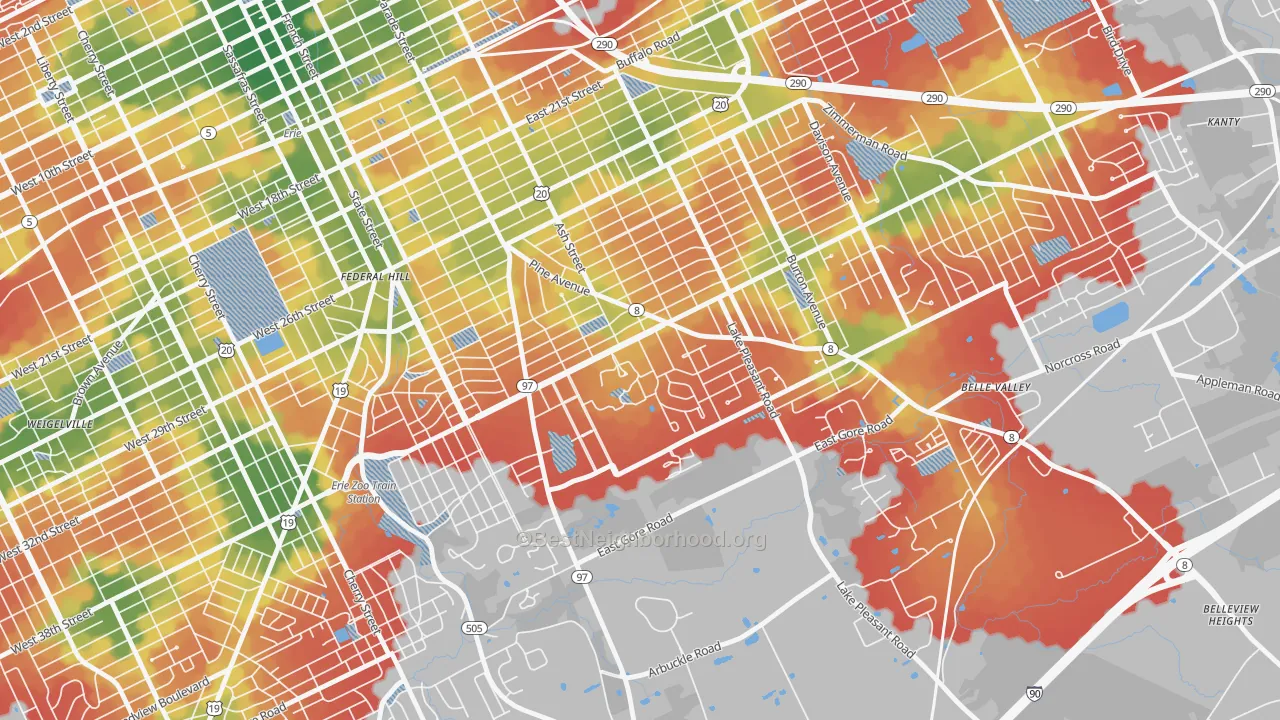 Walk Grade map of South East Hills, Erie, PA, walkable areas in green and car-dependent areas in red