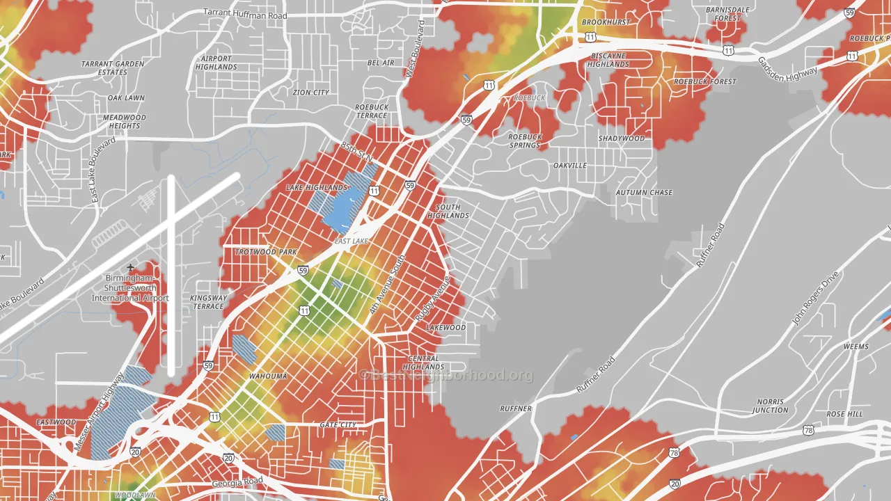 Walk Grade map of South East Lake, Birmingham, AL, walkable areas in green and car-dependent areas in red