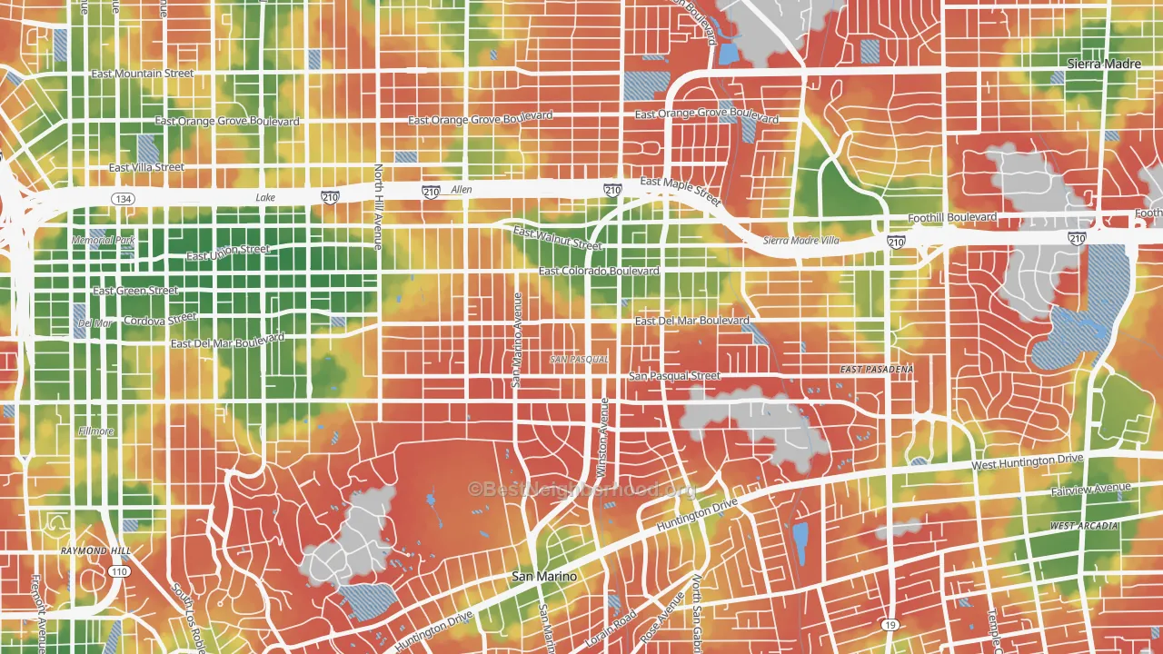 Walk Grade map of South East, Pasadena, CA, walkable areas in green and car-dependent areas in red