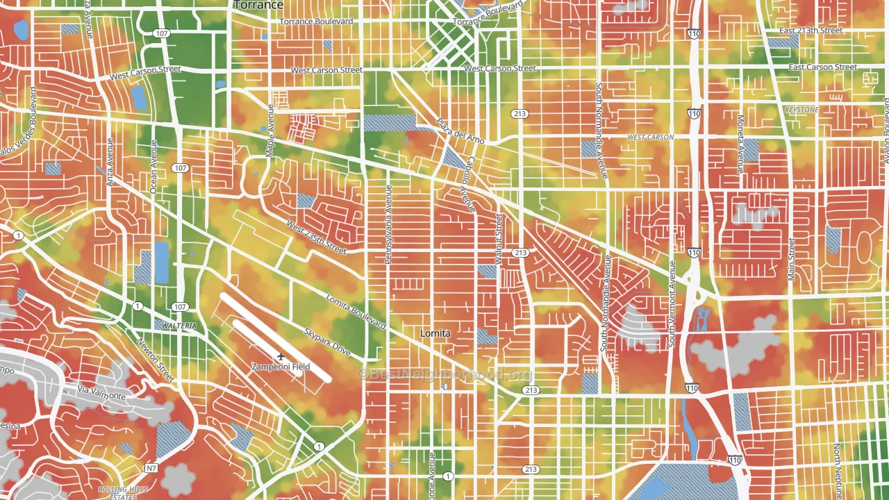 Walk Grade map of South East Torrance, Torrance, CA, walkable areas in green and car-dependent areas in red
