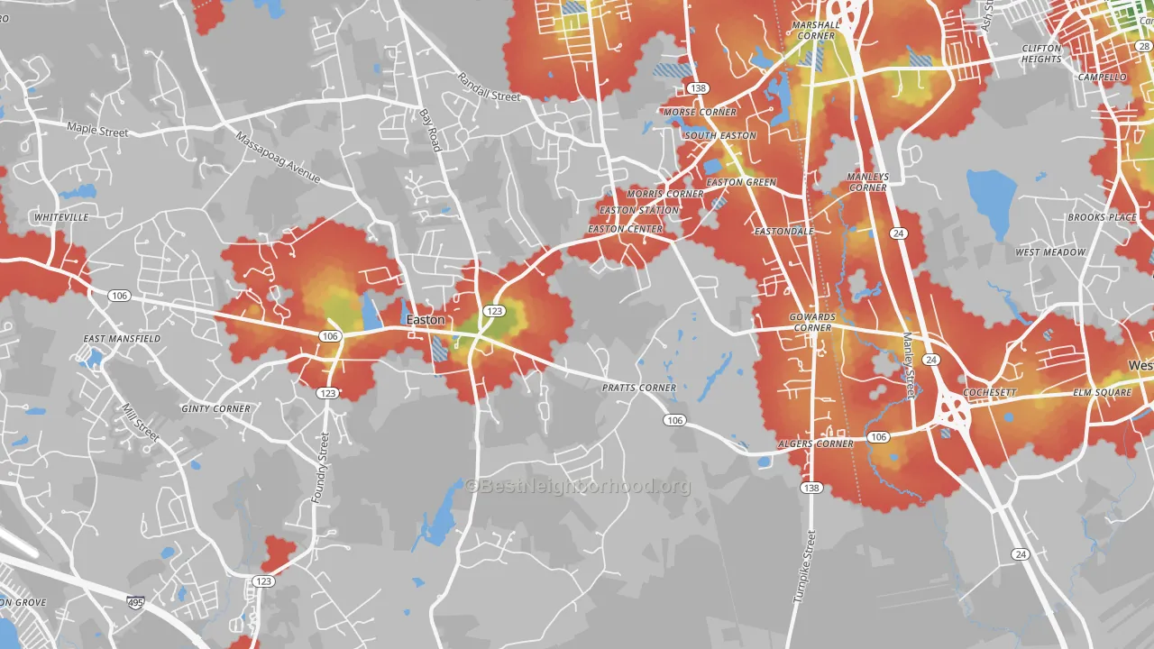 Walk Grade map of South Easton, MA, walkable areas in green and car-dependent areas in red