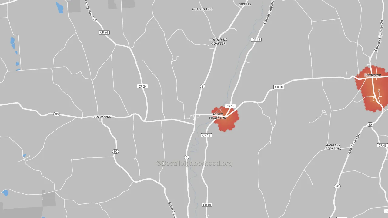Walk Grade map of South Edmeston, NY, walkable areas in green and car-dependent areas in red