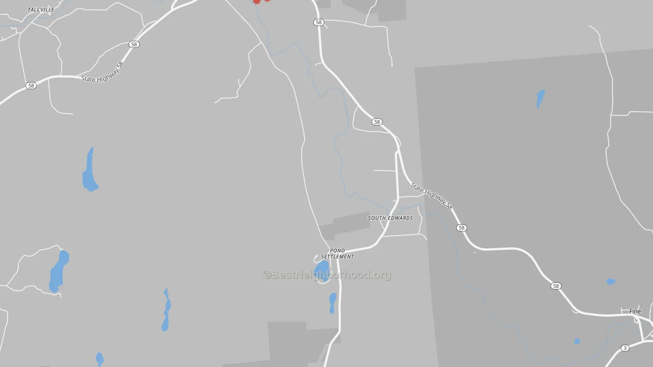 Walk Grade map of South Edwards, NY, walkable areas in green and car-dependent areas in red