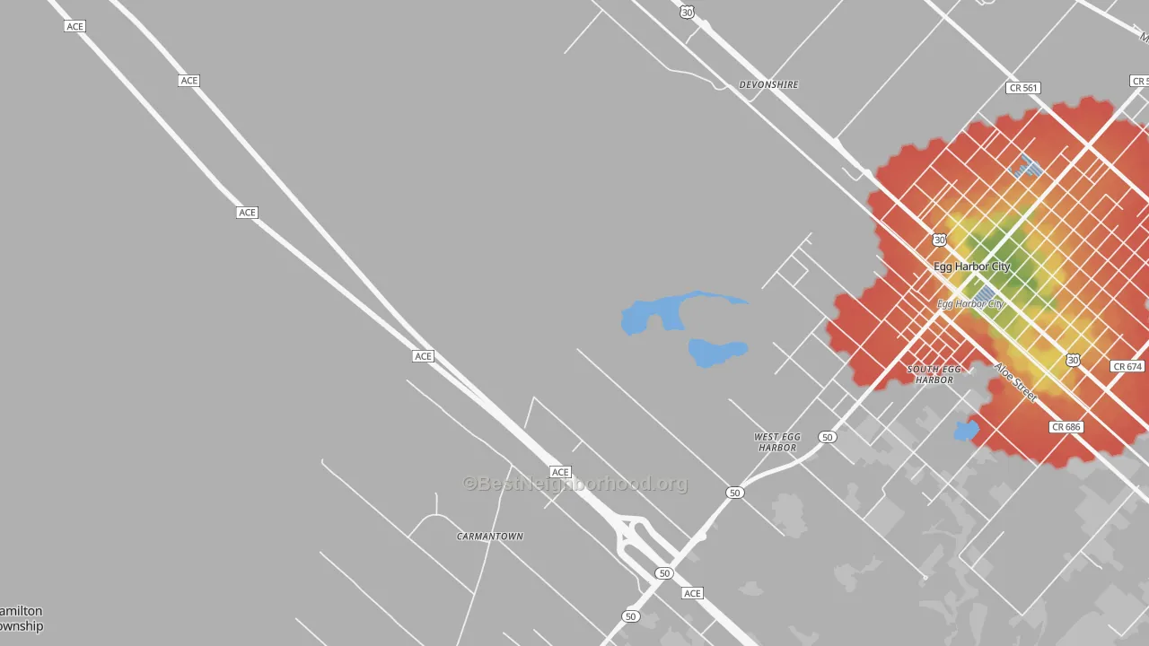 Walk Grade map of South Egg Harbor, NJ, walkable areas in green and car-dependent areas in red