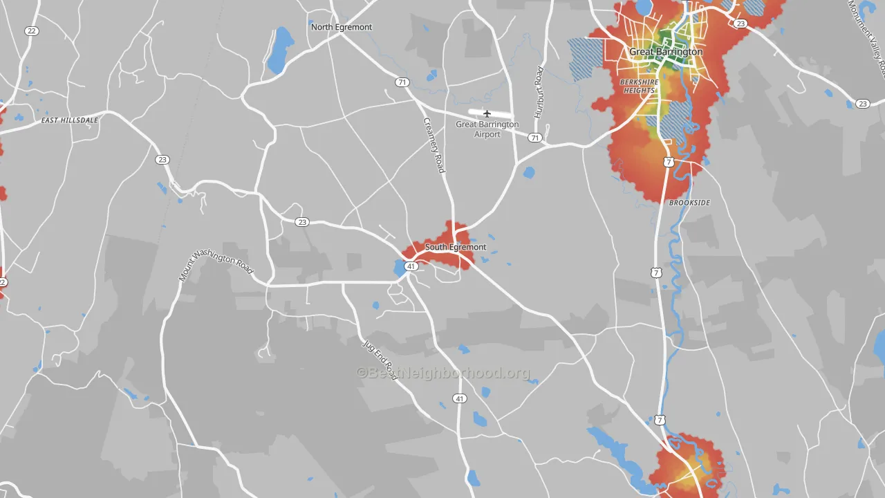 Walk Grade map of South Egremont, MA, walkable areas in green and car-dependent areas in red