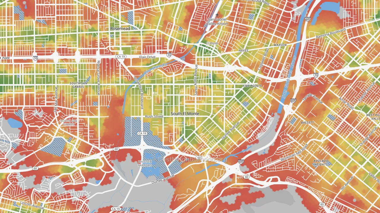 Walk Grade map of South El Monte, CA, walkable areas in green and car-dependent areas in red