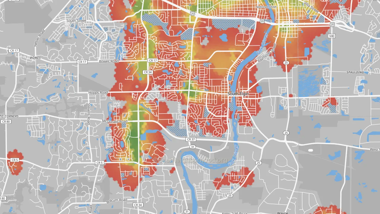 Walk Grade map of South Elgin, IL, walkable areas in green and car-dependent areas in red