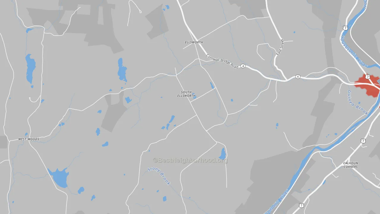 Walk Grade map of South Ellsworth, CT, walkable areas in green and car-dependent areas in red