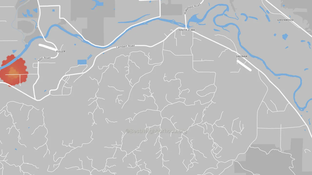 Walk Grade map of South Elma, WA, walkable areas in green and car-dependent areas in red
