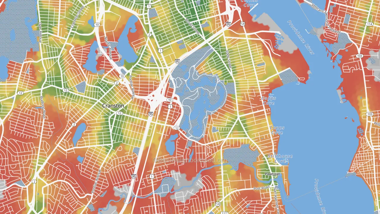 Walk Grade map of South Elmwood, Providence, RI, walkable areas in green and car-dependent areas in red