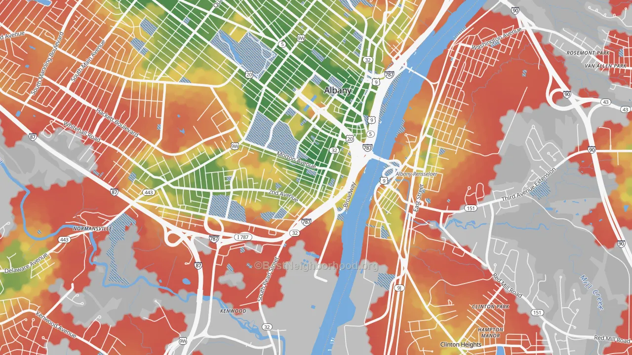 Walk Grade map of South End, Albany, NY, walkable areas in green and car-dependent areas in red