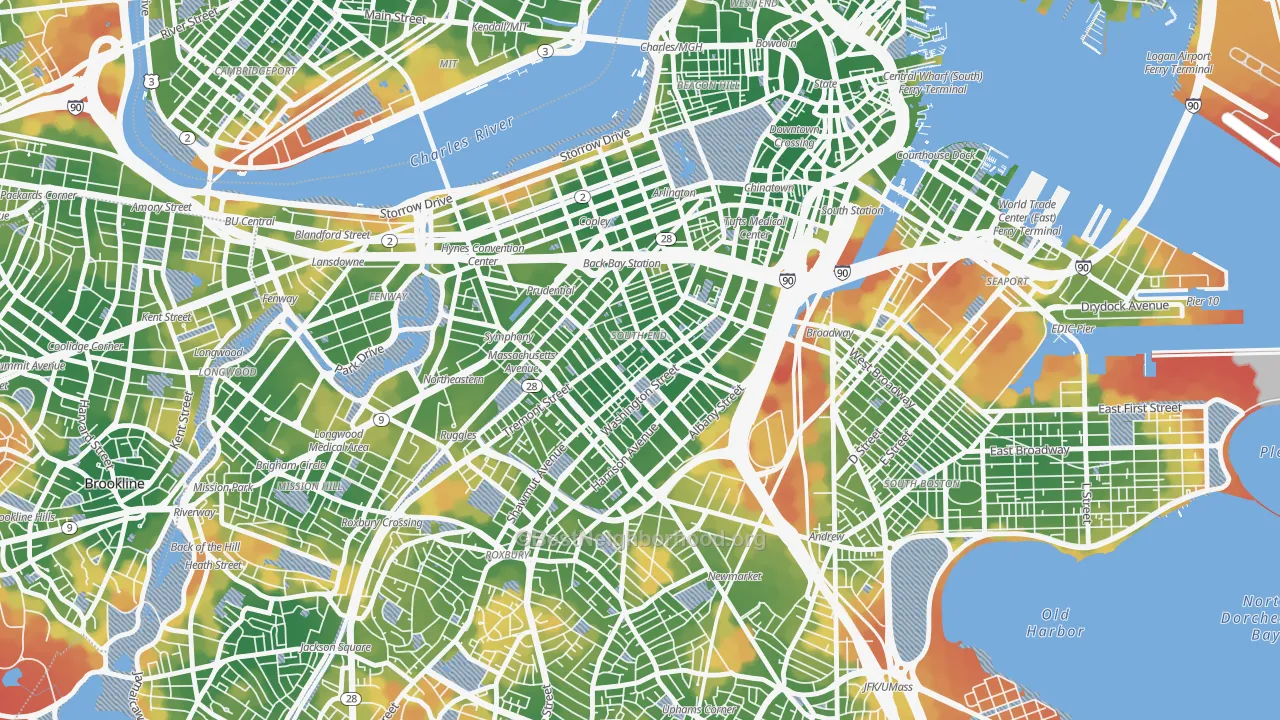 Walk Grade map of South End, Boston, MA, walkable areas in green and car-dependent areas in red