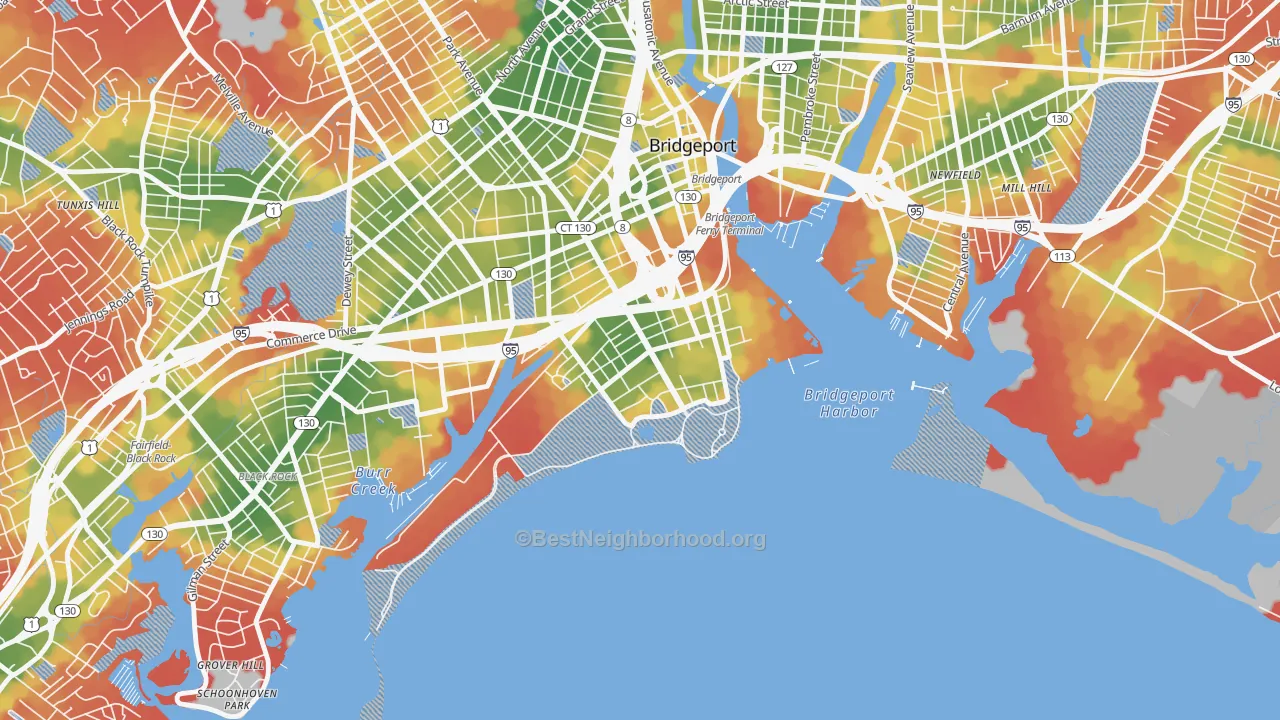 Walk Grade map of South End, Bridgeport, CT, walkable areas in green and car-dependent areas in red