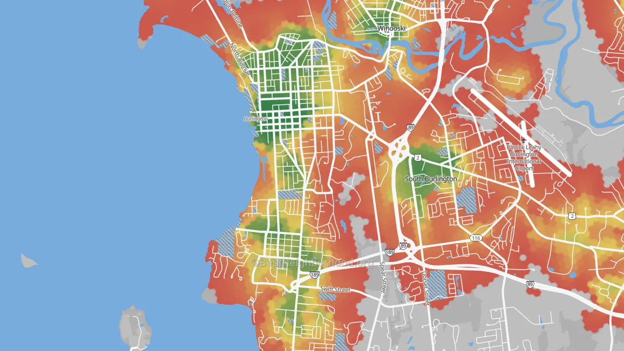 Walk Grade map of South End, Burlington, VT, walkable areas in green and car-dependent areas in red