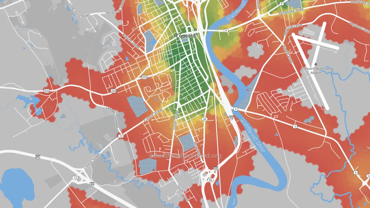 Walk Grade map of South End, Concord, NH, walkable areas in green and car-dependent areas in red