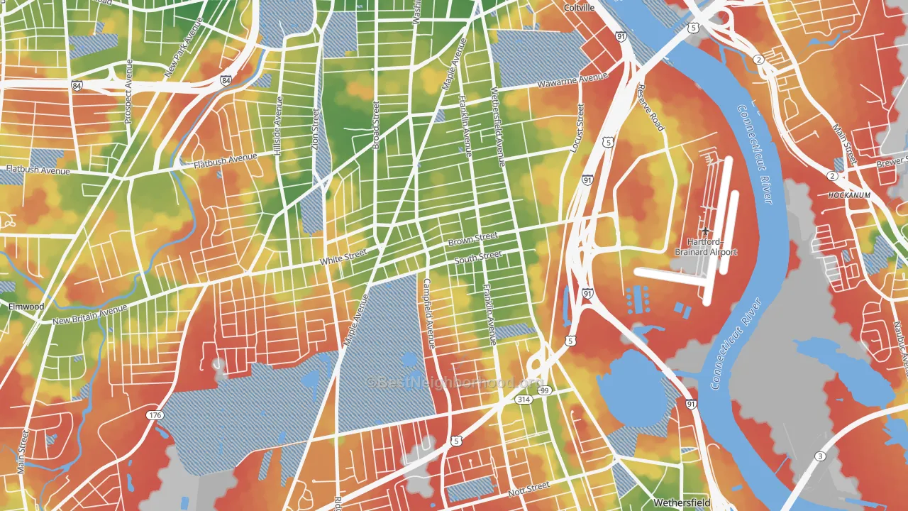 Walk Grade map of South End Hartford, Hartford, CT, walkable areas in green and car-dependent areas in red