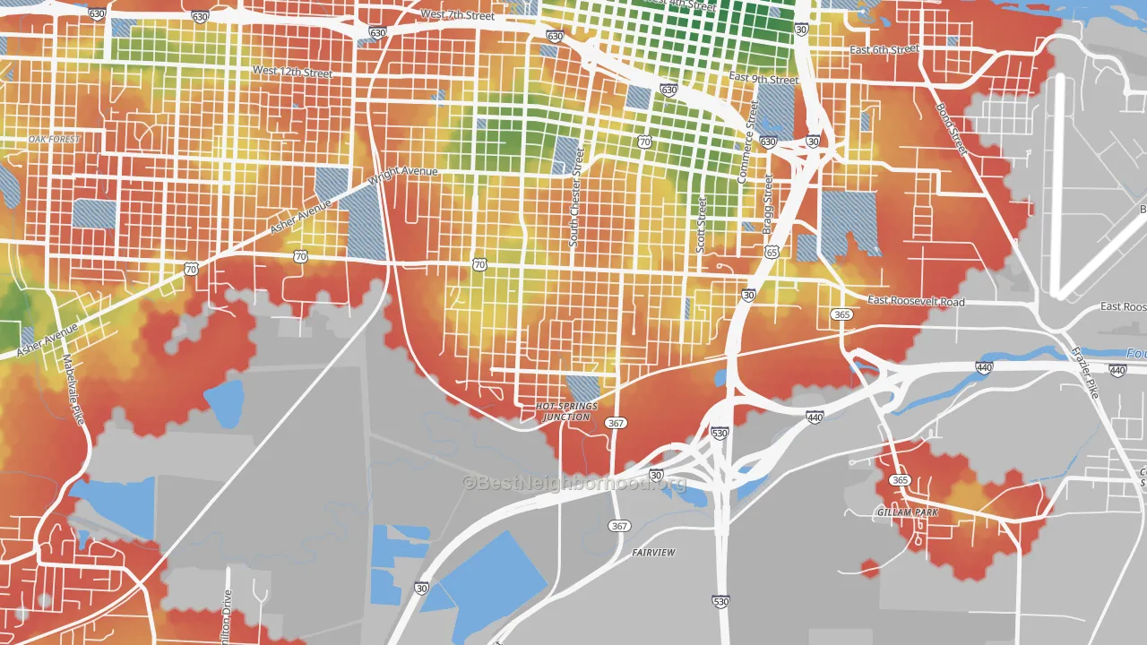Walk Grade map of South End, Little Rock, AR, walkable areas in green and car-dependent areas in red