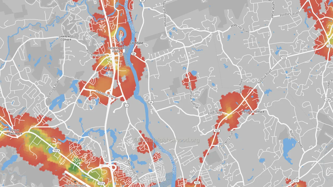Walk Grade map of South End, Nashua, NH, walkable areas in green and car-dependent areas in red